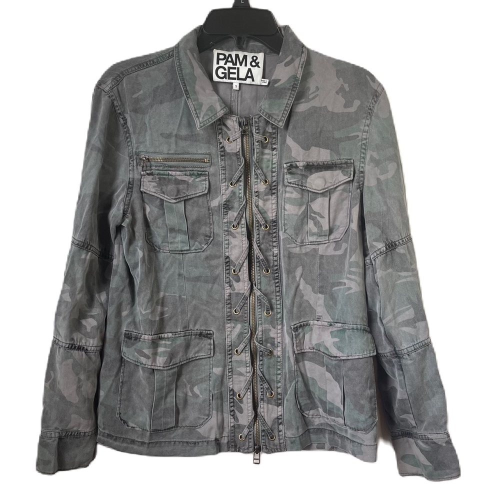 Pam & Gela camo jacket size S 100% tencel crisscross string zip military utility